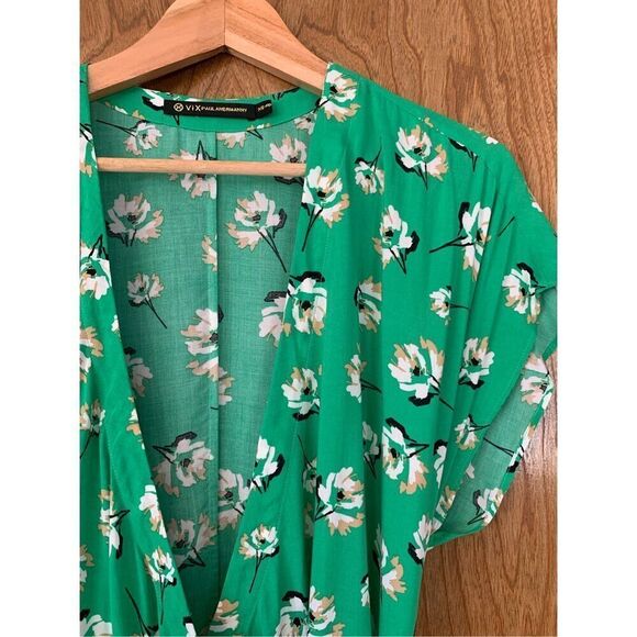 VIX Paula Hermany Petals Way Wrap-Effect Floral-Print Voile Mini Dress Green XS - Picture 6 of 12